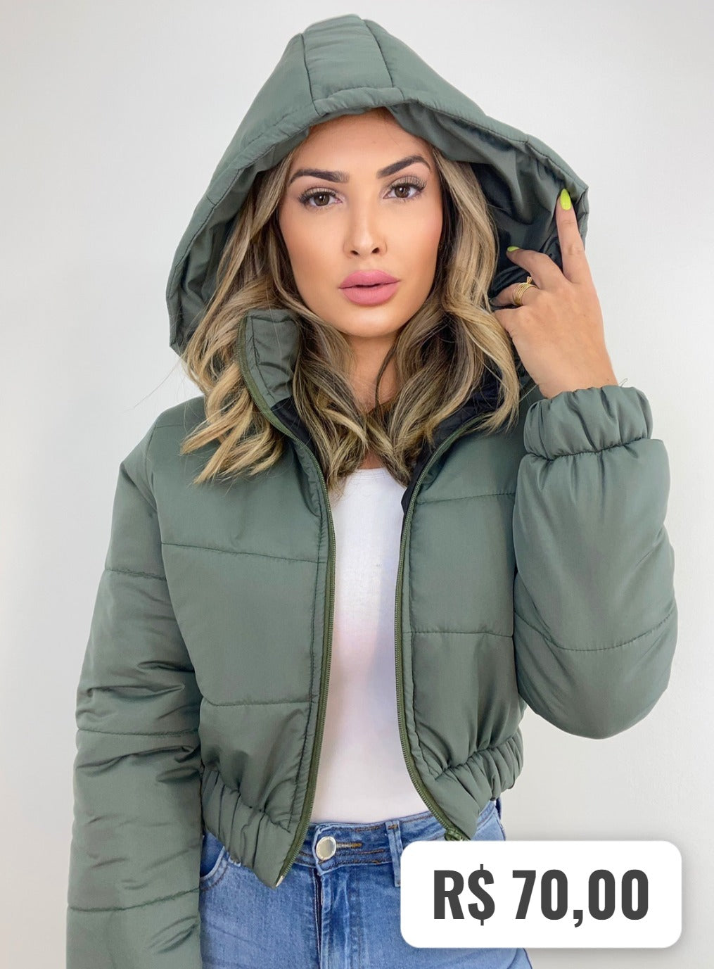 Jaqueta Feminina Puffer Neon de Frio Manga Longa